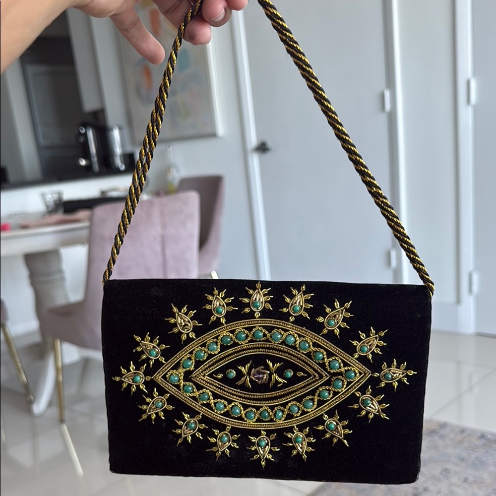 Black and Gold Embroidered Clutch with Chain Strap